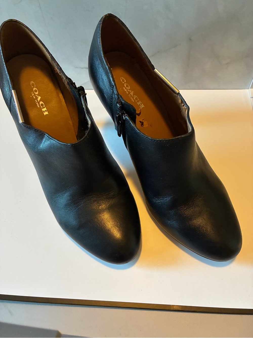 COACH Black Leather Slip-On Heeled Booties
